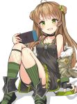  :d ahoge bangs black_choker blush boots breasts brown_hair camouflage choker convenient_leg dog_tags double_bun eyebrows_visible_through_hair fingerless_gloves fur_trim girls_frontline gloves green_eyes head_tilt highres holding jacket knees_up long_hair long_sleeves looking_at_viewer nintendo_switch off_shoulder ohshit open_mouth rfb_(girls_frontline) shirt simple_background sitting skirt sleeveless sleeveless_shirt small_breasts smile socks solo white_background 