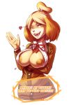  &lt;3 2018 5_fingers akazulla amber_eyes animal_crossing anthro areola big_breasts black_nose blonde_hair breasts canine clothed clothing dog english_text exposed_breasts female hair isabelle_(animal_crossing) mammal nintendo nipples one_eye_closed open_mouth shih_tzu short_hair simple_background solo standing teeth text tongue video_games white_background wink 