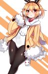  :&lt; animal_ears animal_slippers bangs black_legwear blonde_hair blush bow bowtie bunny bunny_earmuffs bunny_ears bunny_slippers bunny_tail coat commentary covered_navel disgaea earmuffs eyebrows_visible_through_hair fur-trimmed_coat fur-trimmed_jacket fur-trimmed_sleeves fur_trim hood hood_down jacket leg_up leotard long_sleeves makai_senki_disgaea_5 osiimi pantyhose red_bow red_eyes red_neckwear scarf short_eyebrows short_hair sleeves_past_wrists solo tail thick_eyebrows usalia_(disgaea) white_leotard white_scarf yellow_background yellow_coat yellow_jacket 