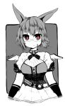  animal_ears belt bow bowtie breasts elbow_gloves eyebrows_visible_through_hair gloves greyscale large_breasts looking_at_viewer monochrome mouth_hold original osiimi short_hair short_sleeves skirt solo spot_color star star-shaped_pupils symbol-shaped_pupils upper_body wings 