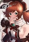  absurdres aqua_eyes bare_shoulders black_gloves black_ribbon blush breasts brown_hair clarisse_(granblue_fantasy) commentary_request gloves granblue_fantasy green_eyes hair_ribbon highres long_hair maou_(maoudaisukiya) open_mouth orange_hair ponytail ribbon sideboob sleeveless solo sweat turtleneck 