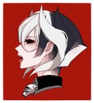  bangs black_eyes black_hair chino_machiko from_side hair_between_eyes looking_at_viewer made_in_abyss multicolored_hair open_mouth ozen portrait profile red_background saliva short_hair simple_background solo tongue tongue_out two-tone_hair whistle white_hair wing_collar 