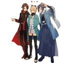  2boys ahoge black_hair black_legwear blonde_hair blue_eyes bow brown_hair coat crossover fate/grand_order fate_(series) hair_bow hakama hand_on_another's_shoulder hands_in_opposite_sleeves haori highres japanese_clothes kashuu_kiyomitsu kimono koha-ace multiple_boys nail_polish okita_souji_(fate) okita_souji_(fate)_(all) pointing ponytail red_eyes red_nails sandals scarf shinsengumi short_kimono smile tabi thighhighs touken_ranbu tsugutoku yamato-no-kami_yasusada yellow_eyes 