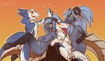  2018 anthro areola balls blue_fur blue_hair breasts capricorn chazcatrix chazcatrix_(character) chezza clitoris digital_media_(artwork) ear_piercing erection female foursome fur grey_fur group group_sex hair hooves horn long_hair lying male male/female mammal markings markus_(dowantanaccount) markusha nipples nude open_mouth parallel_sex penetration penis piercing pussy sergal sex simple_background smile tongue tongue_out vaginal vaginal_penetration 