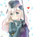  blonde_hair blue_eyes blush closed_mouth commentary_request eyebrows_visible_through_hair fingers_together floral_background garrison_cap hair_between_eyes hat heart kantai_collection long_hair looking_at_viewer mero_oon military military_hat military_uniform naval_uniform solo spoken_heart swimsuit u-511_(kantai_collection) uniform 