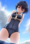  1girl asymmetrical_hair black_hair black_swimsuit blue_sky brown_eyes cloud cowboy_shot day framed_breasts from_below gloves hair_between_eyes headphones highres i-13_(kantai_collection) kantai_collection nuka_(nvkka) outdoors partly_fingerless_gloves sailor_collar school_swimsuit short_hair single_glove sky solo swimsuit tsurime 