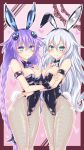  animal_ears black_heart breasts bunny_ears bunnysuit commentary_request fishnets highres kazuneko_(wktk1024) multiple_girls neptune_(series) pink_background purple_eyes purple_hair purple_heart 