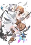  adapted_costume amai_nekuta bare_shoulders book brown_eyes brown_hair choker commentary eurasian_eagle_owl_(kemono_friends) feathers full_body fur-trimmed_sleeves fur_collar fur_trim head_wings kemono_friends monocle multiple_girls northern_white-faced_owl_(kemono_friends) open_book sandals scythe short_hair simple_background staff white_background yellow_eyes 
