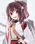  blush brown_hair commentary_request hair_ribbon ise_(kantai_collection) kantai_collection karomura looking_at_viewer open_mouth ponytail remodel_(kantai_collection) ribbon short_hair simple_background smile solo upper_body v 