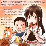  1girl ^_^ akagi_(kantai_collection) alcohol animal beer beer_mug black_hair brown_eyes brown_hair closed_eyes colored_pencil_(medium) commentary_request dated eating food hair_between_eyes hamster holding holding_food japanese_clothes kantai_collection kirisawa_juuzou long_hair muneate non-human_admiral_(kantai_collection) numbered open_mouth sekai_no_yamachan short_hair smile tasuki toriotoko_(sekai_no_yamachan) traditional_media translation_request twitter_username 