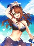  arm_up armpits asymmetrical_bangs bangs beatrix_(granblue_fantasy) breasts brown_hair cleavage eyewear_on_head granblue_fantasy green_eyes highres iokibe large_breasts navel one_eye_closed open_mouth ponytail solo sunglasses swimsuit 