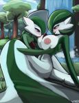  blush breasts gallade gardevoir jigglet nintendo nipple_suck not_furry pok&eacute;mon pok&eacute;mon_(species) red_eyes sucking video_games waterfall 