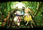  :d animal_ears backpack bag black_gloves black_hair black_legwear blonde_hair bow bowtie commentary_request day elbow_gloves gloves hat_feather high_heels highres jungle kaban_(kemono_friends) kemono_friends looking_at_another lucky_beast_(kemono_friends) multicolored multicolored_clothes multicolored_gloves multiple_girls nature open_mouth outdoors pantyhose print_gloves print_legwear print_neckwear print_skirt red_shirt serval_(kemono_friends) serval_ears serval_print shirt shoe_bow shoes short_hair short_sleeves shorts skirt sleeveless sleeveless_shirt smile striped_sleeves tamiku_(shisyamo609) white_gloves yellow_eyes yellow_gloves yellow_legwear yellow_neckwear yellow_skirt 