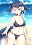  absurdres beach bikini black_bikini black_bow black_hair blue_eyes blue_sky blush bow breasts cleavage cloud collarbone day eyebrows_visible_through_hair hair_bow highres kanzakietc kemono_friends looking_at_viewer medium_breasts multicolored_hair narwhal_(kemono_friends) narwhal_tail outdoors side-tie_bikini sky smile solo swimsuit two-tone_hair white_hair 