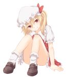  ass blonde_hair bow brown_footwear commentary_request convenient_leg flandre_scarlet frilled_shirt_collar frills full_body hair_between_eyes hat hat_bow head_tilt knees_up loafers looking_at_viewer miyo_(ranthath) mob_cap no_wings petticoat puffy_short_sleeves puffy_sleeves red_bow red_eyes red_skirt shoes short_hair short_sleeves side_ponytail sitting skirt smile socks solo touhou transparent_background white_hat white_legwear 