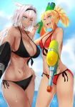  animal_ears bangs bikini black_bikini blonde_hair blue_eyes braid breasts caenis_(fate) cleavage cloud cloudy_sky commentary_request cowboy_shot dark_skin day eyebrows_visible_through_hair fate/grand_order fate_(series) french_braid green_eyes hair_intakes holding jikihatiman large_breasts long_hair mordred_(fate) mordred_(fate)_(all) multiple_girls navel one_eye_closed open_mouth red_bikini red_scrunchie scrunchie side-tie_bikini sky smile standing swimsuit tattoo water water_gun white_hair 