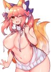  :d absurdres animal_ear_fluff animal_ears areolae blue_bow blush bow breasts cowboy_shot eyebrows_visible_through_hair fate/extra fate_(series) fox_ears fox_tail hair_bow heart highres large_breasts long_hair looking_at_viewer meme_attire multiple_tails naked_sweater navel one_eye_closed open_mouth osiimi paid_reward patreon_reward pink_hair smile solo standing sweater tail tail_wagging tamamo_(fate)_(all) tamamo_no_mae_(fate) virgin_killer_sweater wardrobe_error 
