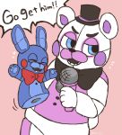  2018 animatronic anthro bear bow_tie digital_media_(artwork) five_nights_at_freddy&#039;s funtime_freddy_(fnafsl) group hat hi_res lagomorph machine male mammal puppet puppet_bonnie_(fnafsl) rabbit robot simple_background sister_location tor_kl video_games 