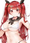  alternate_costume arm_up armpits azur_lane bangs bikini black_bikini_bottom black_ribbon blush breasts cleavage collarbone commentary_request downscaled_revision eyebrows_visible_through_hair flying_sweatdrops frown hair_between_eyes hair_ribbon highleg highleg_bikini highres honolulu_(azur_lane) large_breasts long_hair looking_at_viewer navel red_eyes red_hair ribbon sailor_collar sidelocks simple_background skindentation solo stomach swimsuit twintails upper_body white_background white_bikini white_bikini_top yayoichi_(yoruyoru108) 