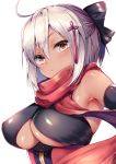  ahoge ayuma_sayu bare_shoulders black_bow blush bow breasts dark_skin elbow_gloves fate/grand_order fate_(series) gloves hair_between_eyes hair_bow hair_ornament large_breasts looking_at_viewer okita_souji_(alter)_(fate) okita_souji_(fate)_(all) red_scarf scarf short_hair simple_background solo underboob white_background white_hair yellow_eyes 
