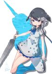  blowhole blue_eyes bow dress drillhorn_sword eyebrows_visible_through_hair frilled_dress frills grey_hair hair_bow kemono_friends multicolored_hair narwhal_(kemono_friends) narwhal_tail neckerchief polearm puffy_short_sleeves puffy_sleeves sailor_collar short_hair short_sleeves sidelocks signature solo spear spotted_hair tatsuno_newo weapon 