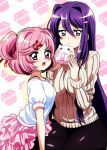  breasts commentary cupcake doki_doki_literature_club english_commentary fang food hair_between_eyes hair_ornament hair_ribbon hairclip height_difference large_breasts long_hair looking_at_viewer multiple_girls natsuki_(doki_doki_literature_club) peachmaiden pink_hair pink_skirt purple_eyes purple_hair red_ribbon ribbed_sweater ribbon short_hair skirt sweater two_side_up very_long_hair white_sweater yuri_(doki_doki_literature_club) 