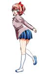  :d arms_behind_back blue_eyes blue_skirt bow doki_doki_literature_club full_body hair_bow hair_ornament kneehighs looking_at_viewer open_mouth peachmaiden pink_hair pleated_skirt red_bow sayori_(doki_doki_literature_club) school_uniform shoes short_hair simple_background skirt smile solo uwabaki white_background white_legwear 