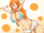  1girl ass bare_shoulders blush breasts brown_eyes butt_crack cleavage earrings erect_nipples from_behind huge_breasts jewelry large_breasts long_hair looking_at_viewer looking_back momo_765 nami_(one_piece) one_piece open_mouth orange_hair panties sideboob smile solo standing tattoo underwear water wet wide_hips 