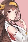  brown_eyes brown_hair detached_sleeves eyebrows_visible_through_hair hairband highres kantai_collection kela kongou_(kantai_collection) long_hair looking_at_viewer pink_background remodel_(kantai_collection) ribbon-trimmed_sleeves ribbon_trim simple_background smile solo upper_body v very_long_hair yellow_hairband 