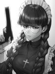  apron bad_id bad_pixiv_id bags_under_eyes bangs black_lagoon blunt_bangs braid breasts closed_mouth cross cross_necklace finger_on_trigger frown glasses greyscale gun hair_over_shoulder half-closed_eyes handgun highres holding holding_gun holding_weapon jewelry latin_cross long_hair long_sleeves looking_at_viewer maid maid_apron maid_headdress monochrome necklace pistol roberta_(black_lagoon) round_eyewear sakura_shiho signature solo twin_braids weapon 
