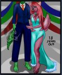  anthro canid canine canis clothing collar couple_(disambiguation) domestic_dog dress female fur hair lizard mammal prom purple_fur red_hair reptile scalie slw watermelon_wine 