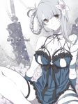  asymmetrical_hair bandaged_arm bandaged_leg bandaged_neck bandages bangs braid breasts closed_mouth collarbone eyebrows_visible_through_hair eyes_visible_through_hair flower grey_hair hair_flower hair_ornament hair_rings kaine_(nier) lingerie medium_breasts n_kamui negligee nier nier_(series) sitting solo sword twitter_username underwear weapon white_flower white_skin yellow_eyes 