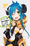  ;d blue_hair commentary_request copyright_name detached_sleeves eyebrows_visible_through_hair green_eyes grey_background hair_ornament hood horns long_hair looking_at_viewer mare_(juzoku_tensei) middle_w mika_pikazo official_art one_eye_closed open_mouth saikyou_juzoku_tensei_~cheat_majutsushi_no_slow_life~ sidelocks simple_background smile solo speech_bubble striped striped_neckwear w x_hair_ornament 