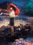  black_footwear black_skirt collared_shirt commentary_request gemi high_heels holding holding_umbrella night original outdoors pinky_swear rain red_umbrella shirt skirt solo_focus standing umbrella white_shirt wing_collar 