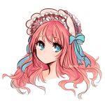  blue_eyes blue_ribbon bonnet closed_mouth long_hair looking_at_viewer original osiimi portrait red_hair ribbon signature simple_background solo white_background 