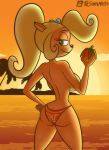  back_boob beach big_breasts bikini blonde_hair breasts butt clothed clothing coco_bandicoot crash_(series) crash_bandicoot_(series) female from_behind_(disambiguation) fur green_eyes hair lizardsharkragon long_hair looking_at_viewer looking_back mostly_nude orange_fur seaside solo swimsuit thick_thighs topless video_games wumpa_fruit 