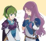  armor blue_eyes blush fingerless_gloves fire_emblem fire_emblem:_rekka_no_ken fire_emblem_heroes florina gloves green_hair hair_ornament hairband jewelry kyufe long_hair multiple_girls nino_(fire_emblem) open_mouth pegasus_knight purple_hair purple_hairband short_hair skirt smile 