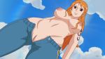  breasts from_below nami_(one_piece) one_piece open_clothes open_jeans orange_hair r34son sky solo standing stomach topless 