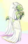  blush bouquet bride clothed clothing collaboration colorized dress eyes_closed female horn kobold ponqo smile solo veil w4g4 wedding_dress wide_hips 