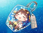  blush_stickers bottle brown_hair chibi closed_eyes detached_sleeves flipped_hair green_skirt hairband headgear hiei_(kantai_collection) in_bottle in_container japanese_clothes kantai_collection nontraditional_miko ribbon-trimmed_sleeves ribbon_trim saki_(little_crown) short_hair skirt solo star underwater 