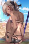  ahoge ass back bare_shoulders beach beach_towel beach_umbrella bikini bikini_bottom bikini_top black_ribbon blue_sky bow breasts closed_mouth commentary dark_skin day fate/grand_order fate_(series) from_behind full_body hair_between_eyes hair_bow hair_ornament hair_ribbon highres kesoshirou knees_up large_breasts long_hair looking_at_viewer okita_souji_(alter)_(fate) okita_souji_(fate)_(all) orange_eyes ribbon shade sky solo squatting swimsuit towel umbrella yellow_eyes 