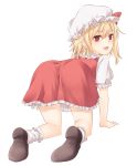  :d all_fours ass blonde_hair bow brown_footwear commentary_request dress flandre_scarlet frilled_shirt_collar frills from_behind full_body hair_between_eyes hat hat_bow loafers looking_at_viewer looking_back miyo_(ranthath) mob_cap no_wings open_mouth puffy_short_sleeves puffy_sleeves red_bow red_dress red_eyes shoes short_hair short_sleeves side_ponytail smile socks solo touhou transparent_background white_hat white_legwear 