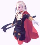  axe blonde_hair blue_eyes cape cravat edelgard_von_hresvelgr_(fire_emblem) fire_emblem fire_emblem:_fuukasetsugetsu gloves hair_ribbon highres long_hair looking_at_viewer pantyhose rheamii ribbon simple_background smile solo uniform weapon white_background 