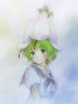  antennae bangs black_cape blush cape center_frills closed_mouth collared_shirt commentary_request eyebrows_visible_through_hair flower_hat green_eyes green_hair hat highres looking_at_viewer puffy_short_sleeves puffy_sleeves q-bee_(aaru) shirt short_cape short_sleeves smile solo touhou traditional_media upper_body white_hat white_shirt wriggle_nightbug 