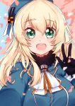  :d ahoge atago_(kantai_collection) black_gloves blonde_hair blue_hat blue_jacket blush eyebrows_visible_through_hair fur_collar gloves green_eyes hair_between_eyes hand_up happy hat jacket kantai_collection long_hair military_jacket open_mouth osiimi smile solo upper_body w white_neckwear 