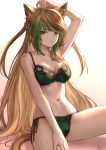  ahoge animal_ears atalanta_(fate) bangs bare_shoulders blonde_hair bra braid breasts cat_ears cat_tail collarbone commentary fate/apocrypha fate_(series) french_braid gradient gradient_background gradient_hair green_bra green_eyes green_hair green_panties hand_on_head highres lace lace-trimmed_bra long_hair looking_at_viewer mashu_003 medium_breasts multicolored_hair navel panties parted_lips side-tie_panties sitting solo tail thighs two-tone_hair underwear 