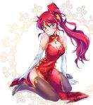  bare_shoulders blush breasts china_dress chinese_clothes circlet cleavage commentary dress elbow_gloves forehead_protector gloves green_eyes high_heels highres iesupa long_hair ponytail pyrrha_nikos red_hair rwby solo thighhighs 