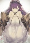  absurdres bangs bare_shoulders breasts bridal_veil cleavage closed_mouth dress eyebrows_visible_through_hair fate/extra fate/extra_ccc fate_(series) hair_ribbon halterneck highres kumamoto_nomii-kun large_breasts long_hair looking_at_viewer passion_lip petals pink_eyes pink_ribbon purple_hair ribbon smile solo straight_hair veil wedding_dress white_dress 
