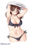  bikini black_bikini black_swimsuit blush breasts brown_eyes brown_hair chiyoda_(kantai_collection) closed_mouth commentary ebifurya eyebrows_visible_through_hair front-tie_bikini front-tie_top hair_between_eyes highres kantai_collection large_breasts long_hair looking_at_viewer one_eye_closed plump side-tie_bikini simple_background solo swimsuit twitter_username undressing white_background 