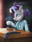  2018 alternate_hairstyle blackligerth blue_eyes bow chalkboard classroom cloth clothed clothing desk equine eyelashes eyewear female feral friendship_is_magic glasses glowing_horn hair hair_bun hair_tie hooves horn inside levitation magic mammal my_little_pony open_mouth open_smile portrait purple_hair rarity_(mlp) school shirt sitting smile solo sparkles spool teacher teeth thread unicorn 